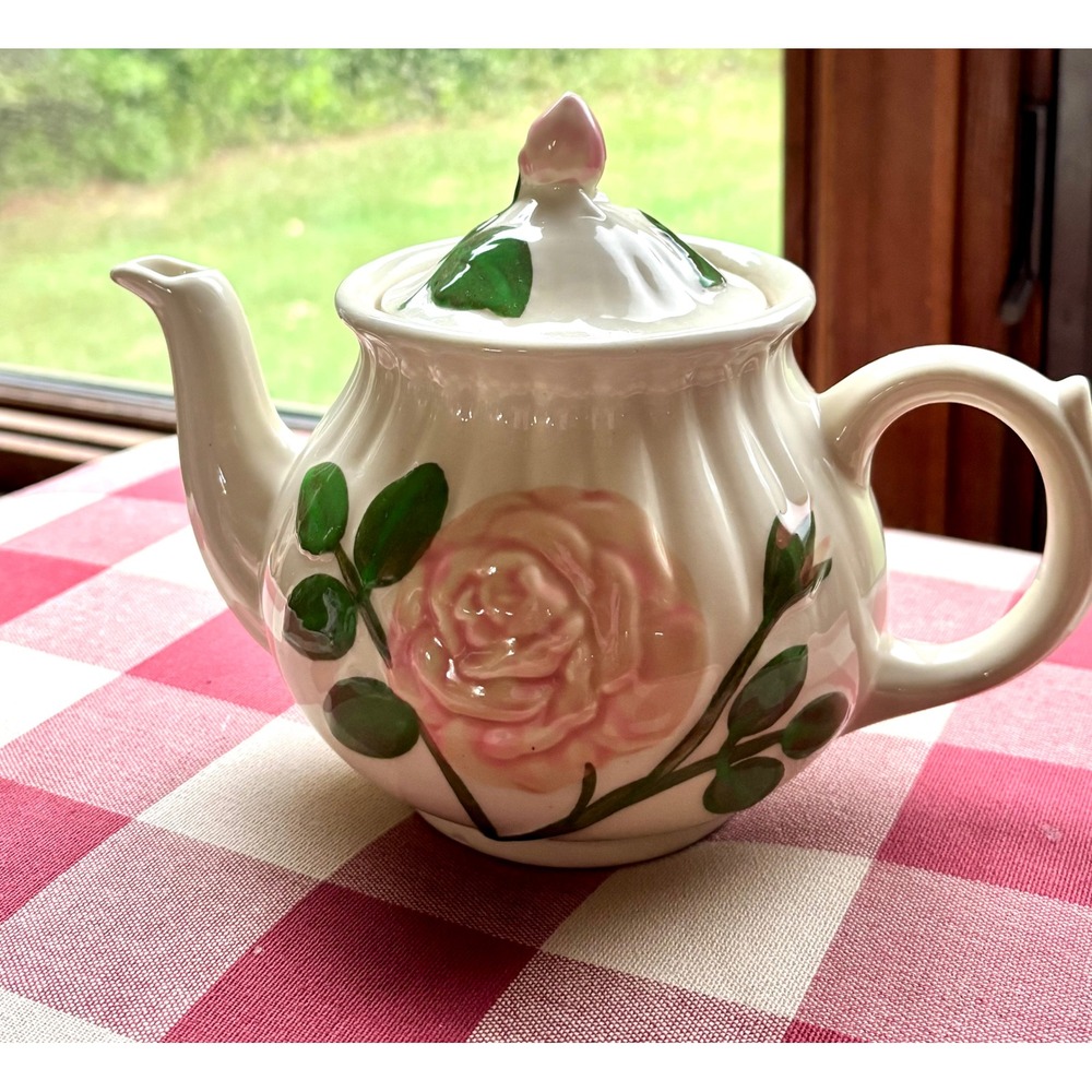 Vintage Shawnee Pottery Rose Teapot ceramic USA rosebud lid cottagecore